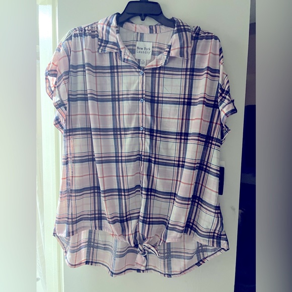 NWT New York Laundry Tie Front Plaid Buttom up Women’s Plus size 3X Blouse shirt - Picture 1 of 9